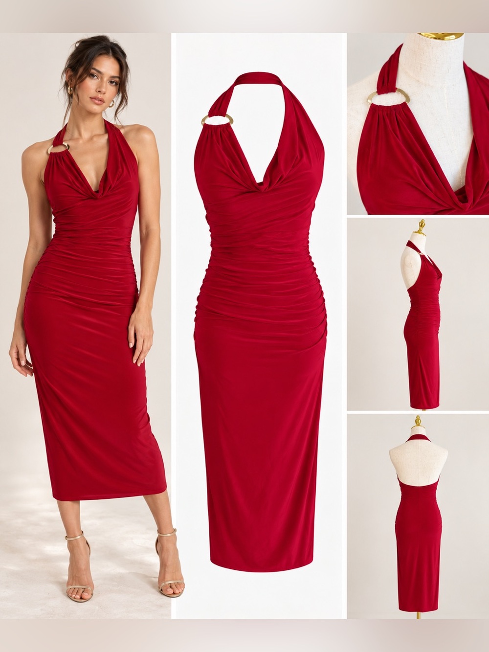 Burgundy Ruched O-Ring Halter Bodycon Midi Dress S